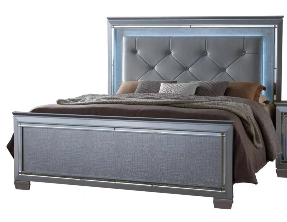 King Size 6pc Upholstered Bed Dresser Mirror Nightstand Chest R20206